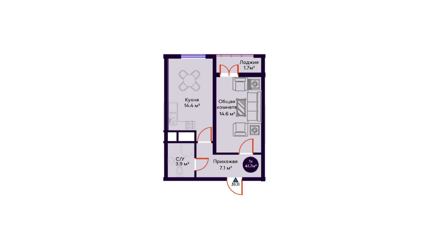 1-комн. квартира 41.7 м²  10/16 этаж | Жилой комплекс Crystal Avenue