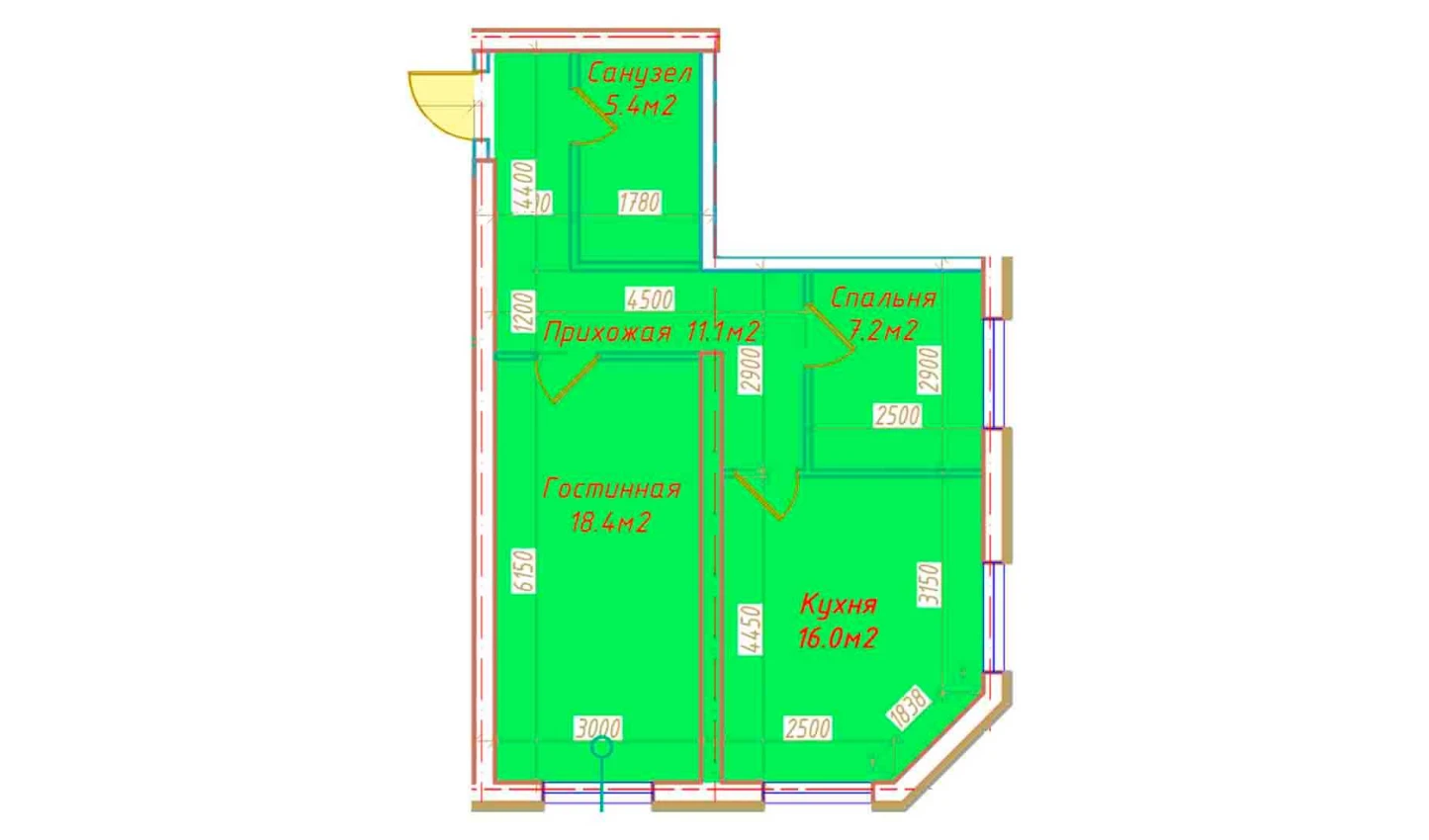 2-xonali xonadon 58.1 m²  1/16 qavat | DO'MBIROBOD RESIDENCE Turar-joy majmuasi