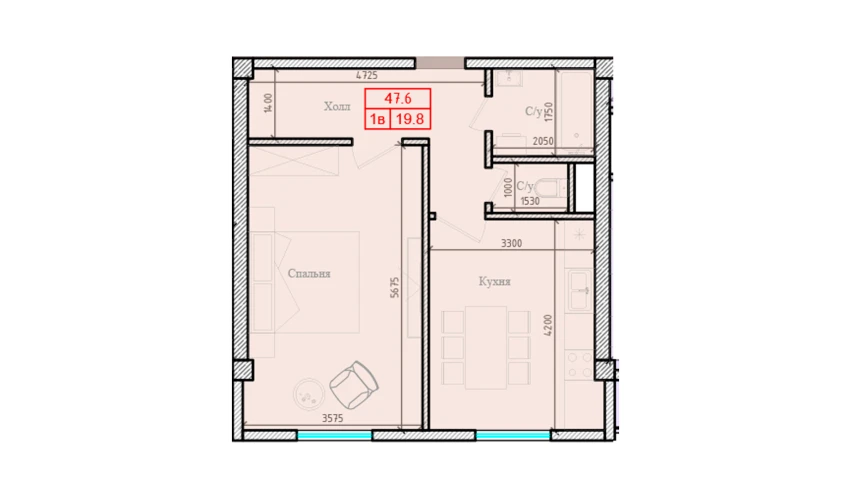 1-комнатная квартира 47.6 м²  2/7 этаж | Жилой комплекс Gulbadanbegim