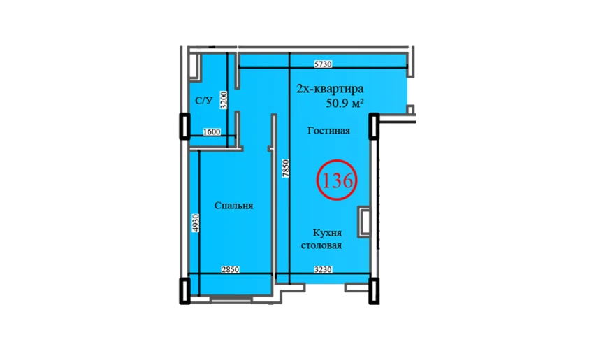 2-комнатная квартира 50.9 м²  14/14 этаж | Жилой комплекс Al-Barakat
