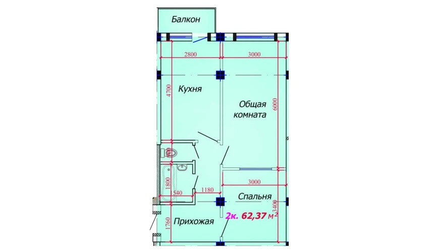 2-xonali xonadon 62.37 m²  9/9 qavat | VATAN Turar-joy majmuasi