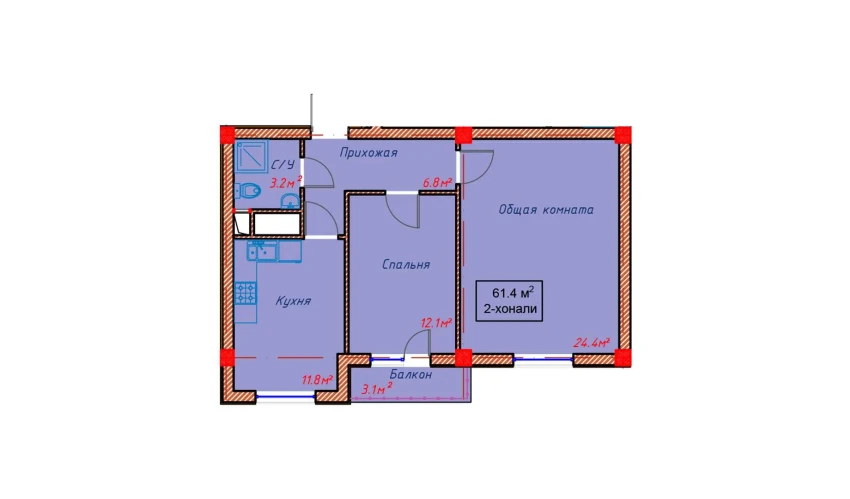 2-xonali xonadon 61.4 m²  9/10 qavat | Orzular Turar-joy majmuasi