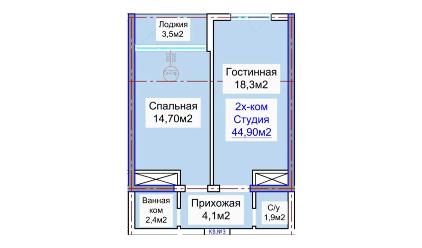 2-комнатная квартира 44.9 м²  4/16 этаж | Жилой комплекс ELITE ECO CITY