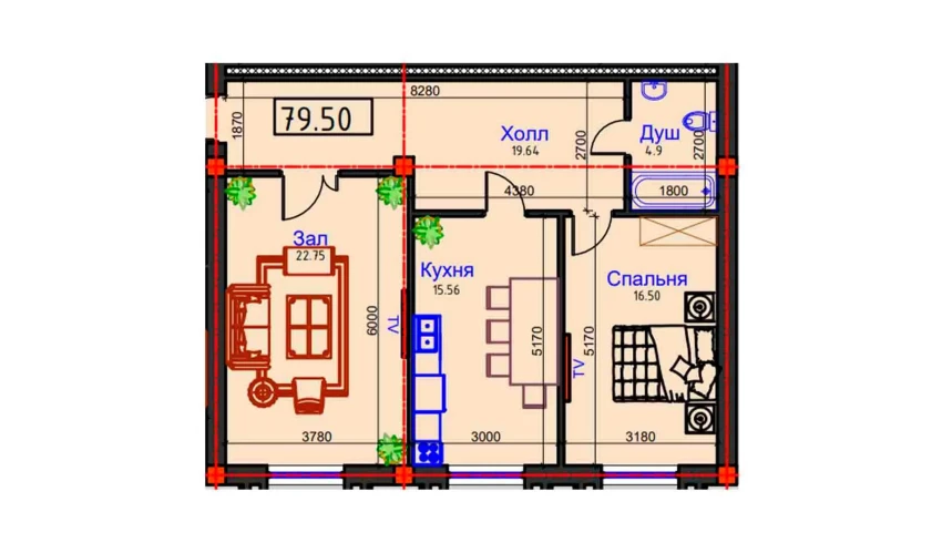 2-комнатная квартира 79.5 м²  1/9 этаж | Жилой комплекс BAHOR