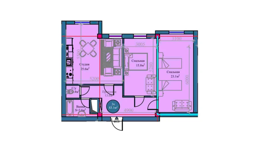 3-комнатная квартира 83.1 м²  3/14 этаж | Жилой комплекс Zamin Urgut