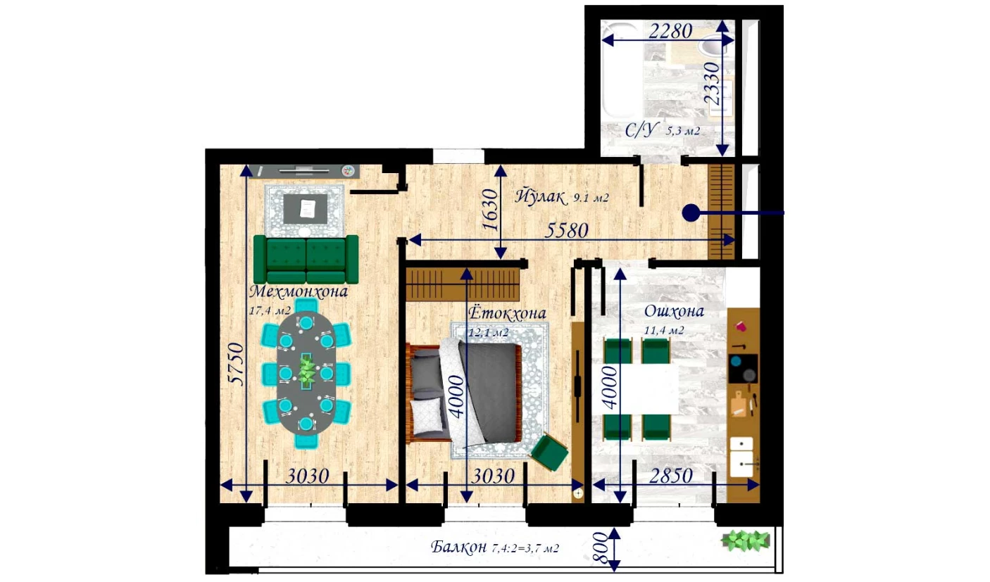 2-xonali xonadon 68.3 m²  11/13 qavat | MEGAPOLIS Б2 Turar-joy majmuasi