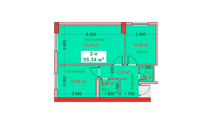 2-xonali xonadon 55.34 m²  2/8 qavat | CAPITAL AVENUE Turar-joy majmuasi