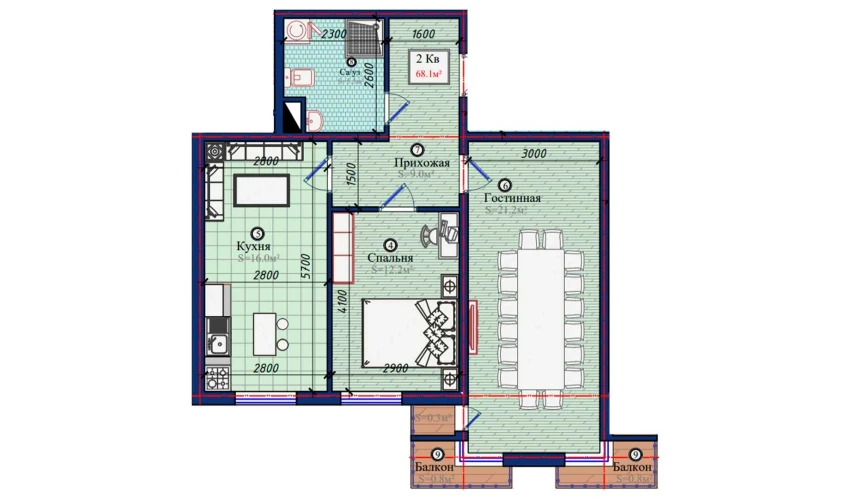 2-комнатная квартира 68.1 м²  10/10 этаж | Жилой комплекс NURAFSHON