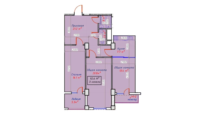 3-xonali xonadon 92.6 m²  9/16 qavat | Sam House (Qora Suv) Turar-joy majmuasi