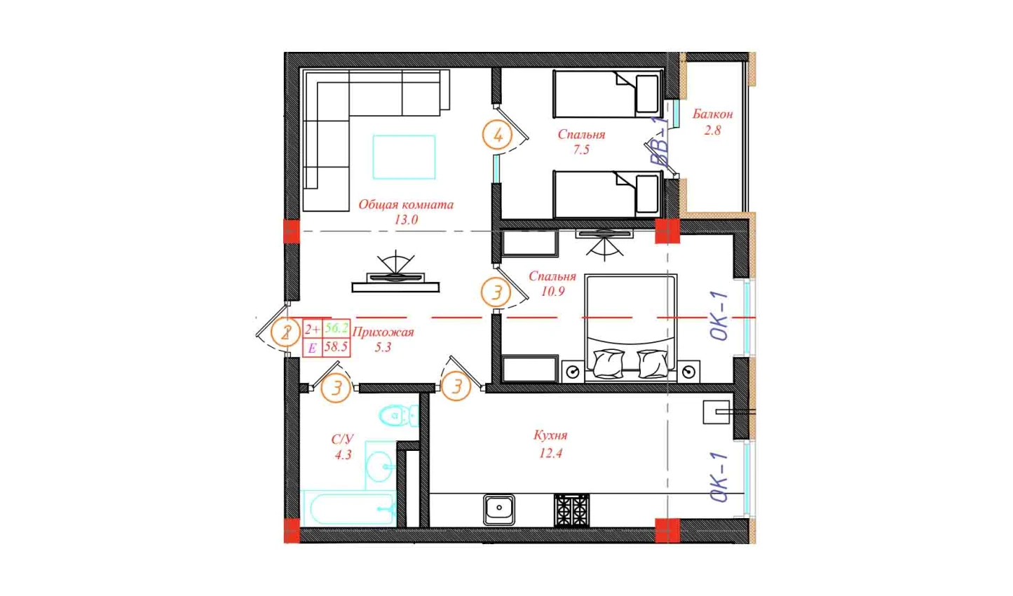 2-xonali xonadon 58.5 m²  5/12 qavat | CHINARA PARK Turar-joy majmuasi