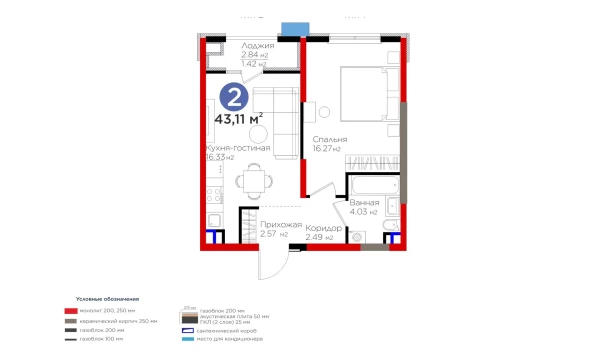 2-комнатная квартира 43.11 м²  3/9 этаж | Жилой комплекс BI Sad'O