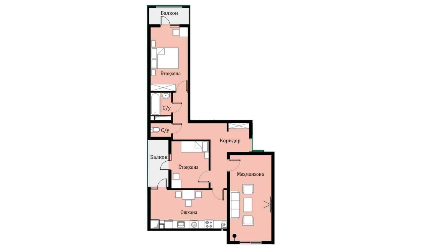 3-комн. квартира 77.16 м²  14/16 этаж | Жилой комплекс SOKIN DIYOR