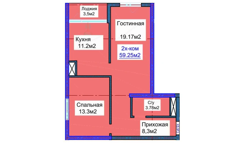 2-комнатная квартира 59.25 м²  14/16 этаж | Жилой комплекс ELITE ECO CITY