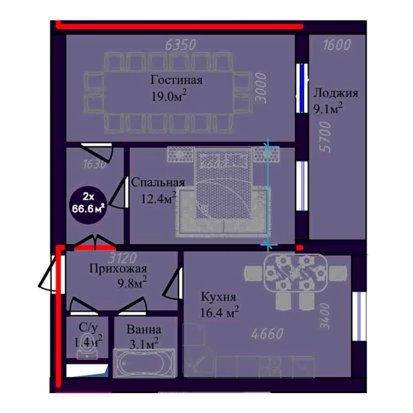 2-комн. квартира 66.6 м²  2/9 этаж | Жилой комплекс Navruz Avenue