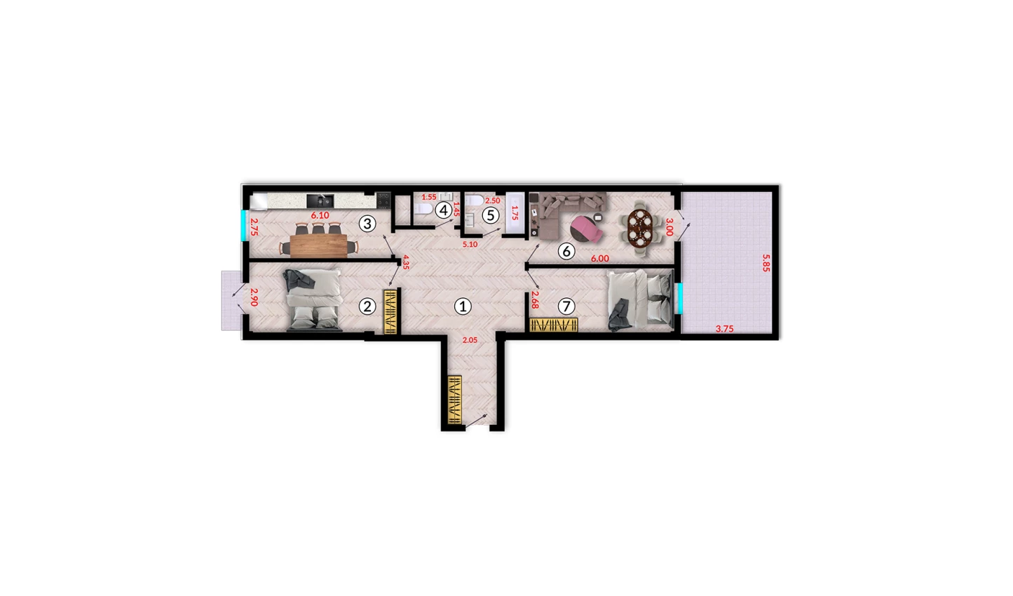 3-xonali xonadon 130.9 m²  3/10 qavat | Ko'kcha-Oqtepa Turar-joy majmuasi