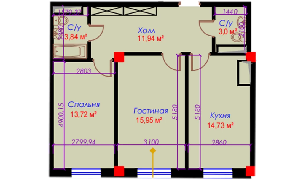 2-xonali xonadon 63.95 m²  10/10 qavat | Ko'kcha-Oqtepa Turar-joy majmuasi