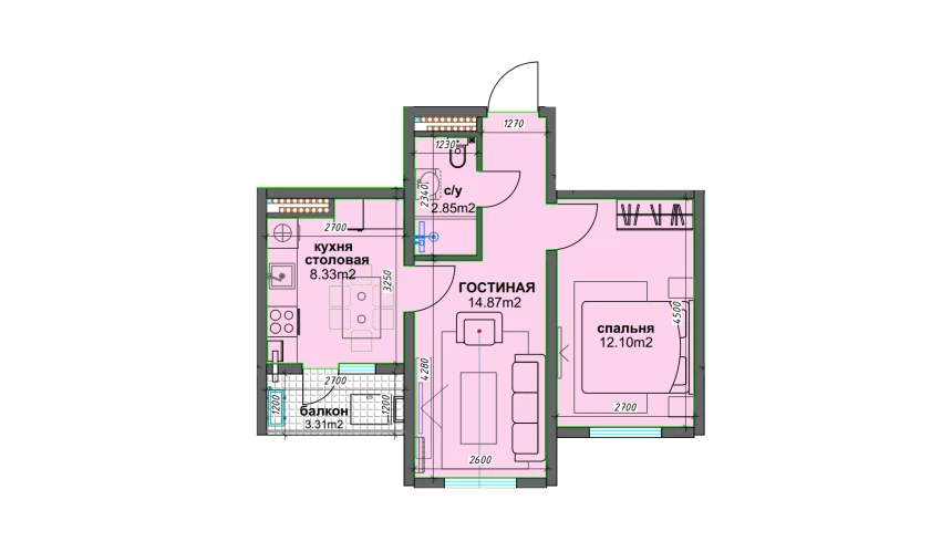 2-комнатная квартира 39.8 м²  7/16 этаж | Жилой комплекс BASHKENT