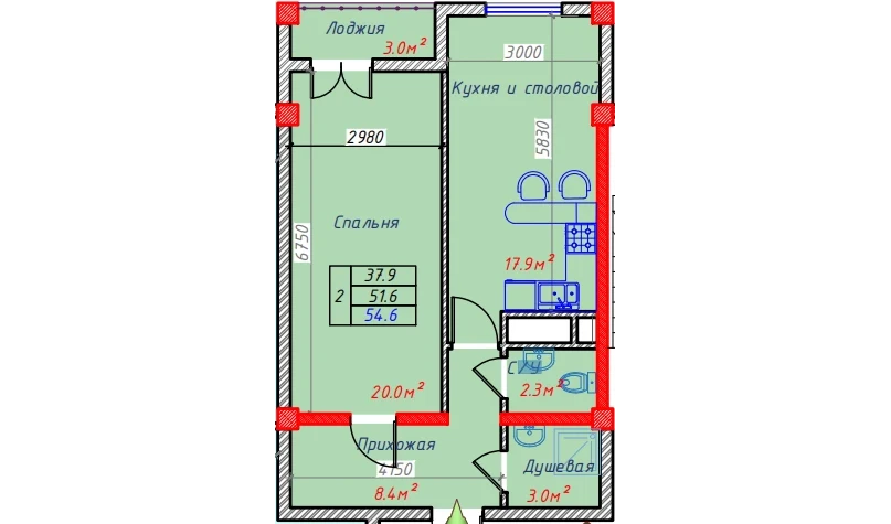 2-xonali xonadon 54.6 m²  4/9 qavat | Hakimi Towers Turar-joy majmuasi