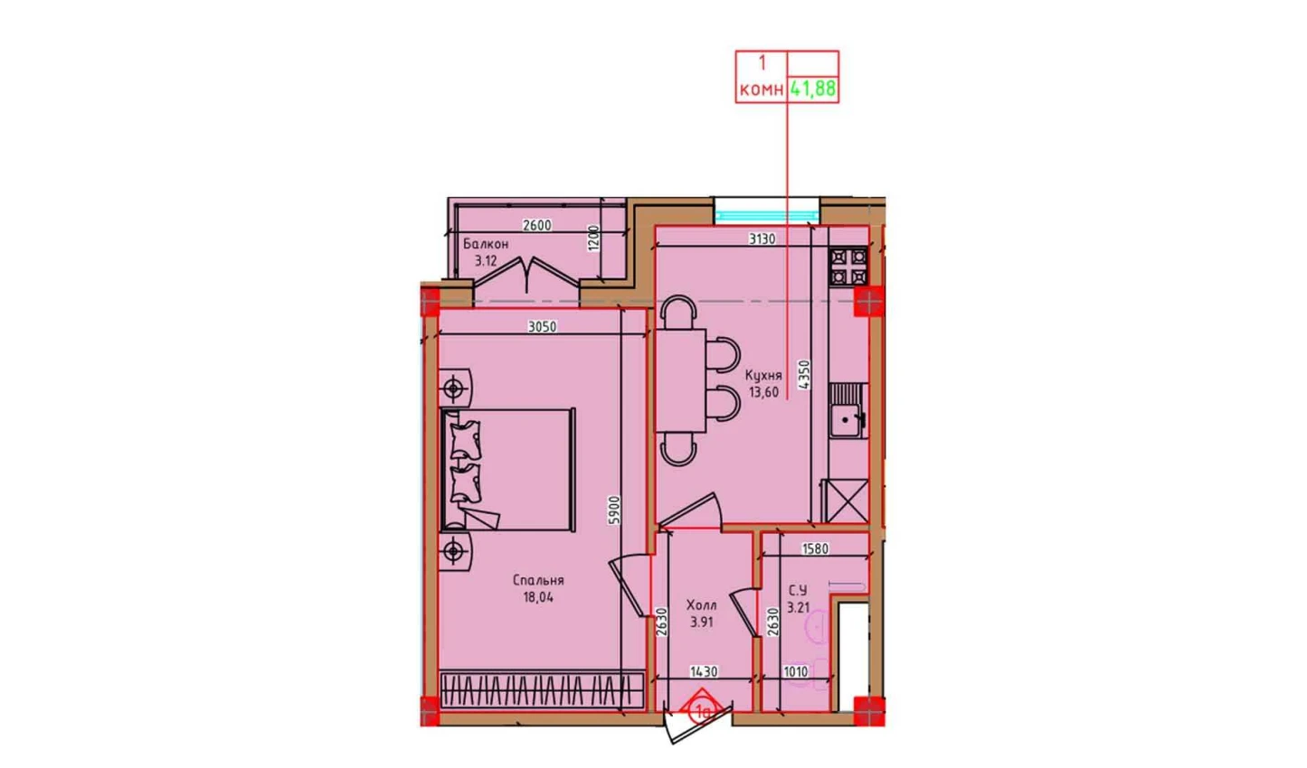 1-комн. квартира 41.88 м²  7/8 этаж | Жилой комплекс Markaz