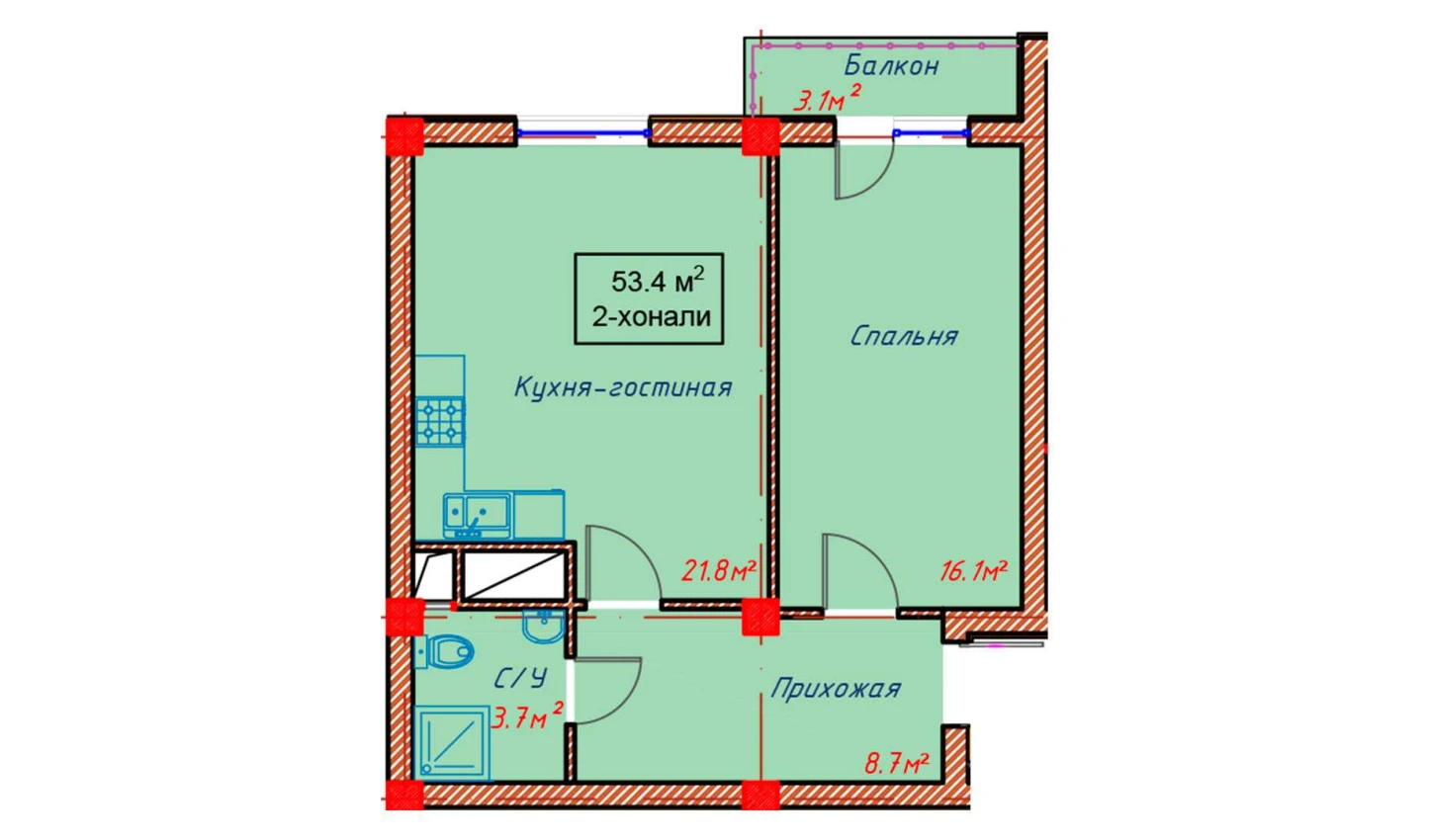 2-комн. квартира 53.4 м² 8/10 этаж | Жилой комплекс Orzular 2-комн. квартира 53.4 м² 8/10 этаж | Жилой комплекс Orzular