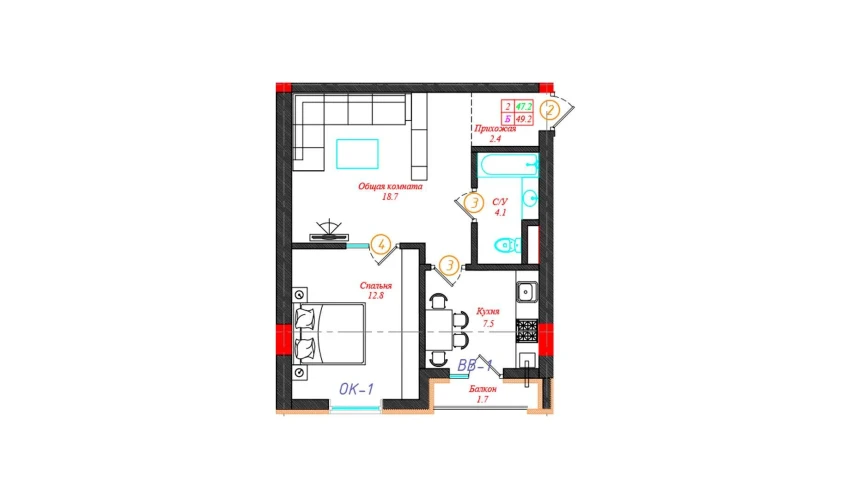 2-xonali xonadon 49.2 m²  3/12 qavat | CHINARA PARK Turar-joy majmuasi