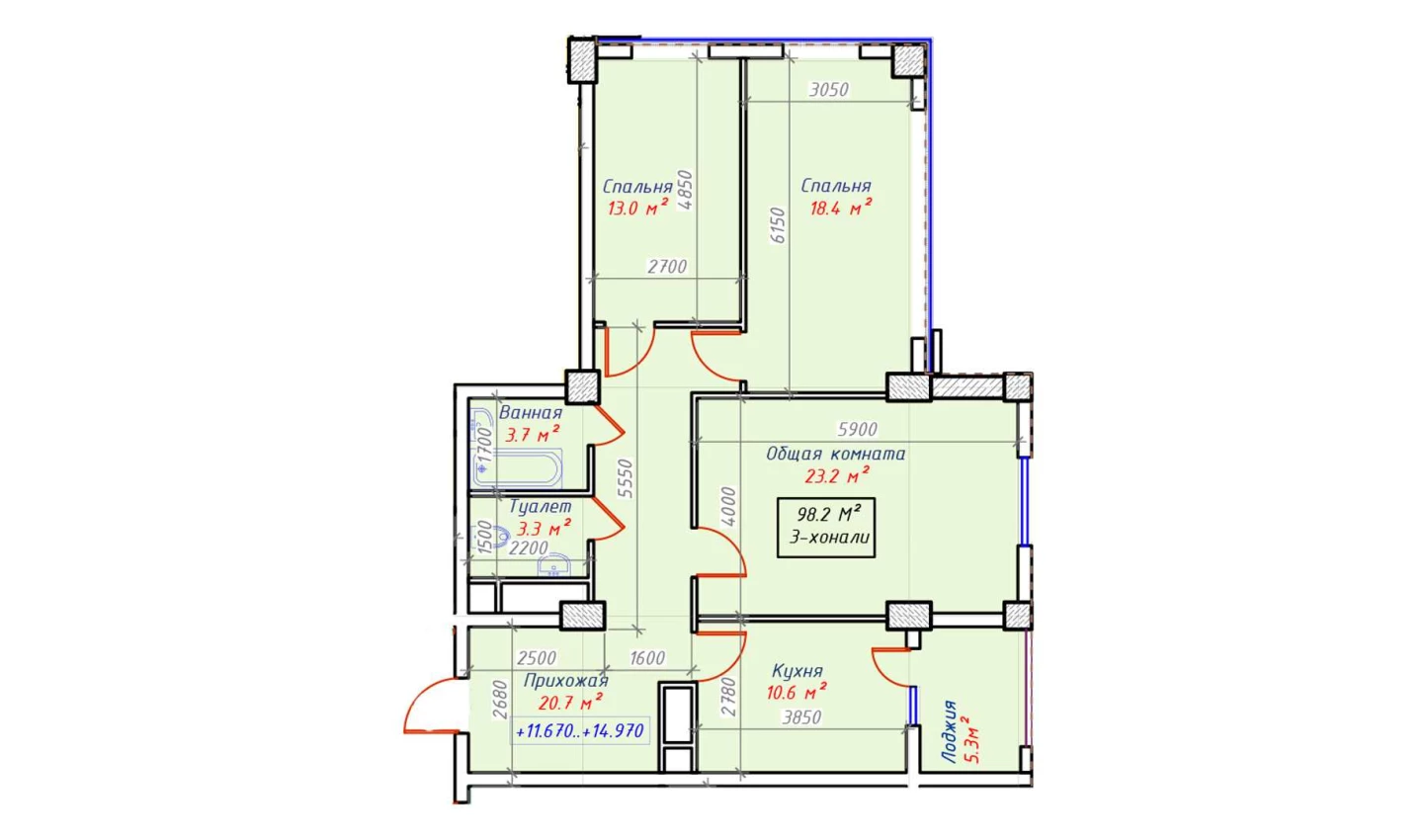 3-комн. квартира 98.2 м²  5/16 этаж | Жилой комплекс Sam House (Qora Suv)