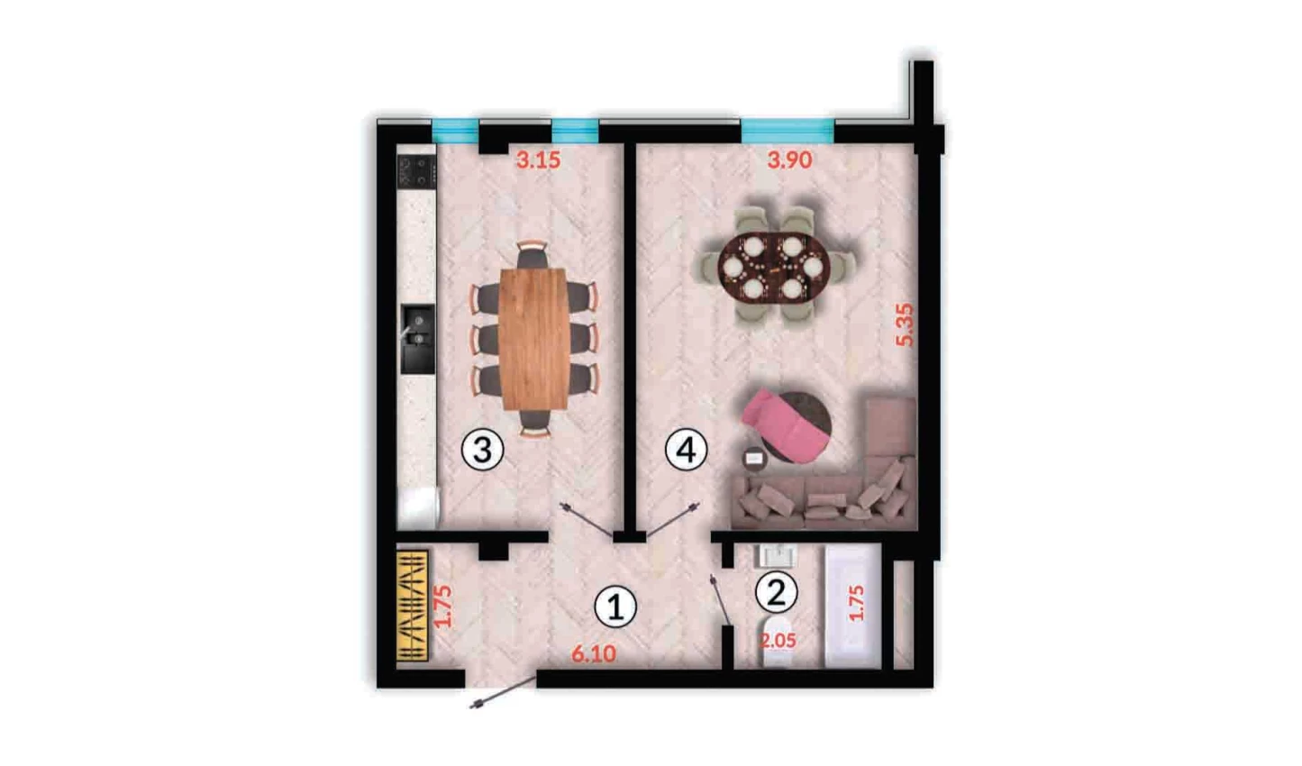 1-xonali xonadon 52.1 m²  6/10 qavat | Ko'kcha-Oqtepa Turar-joy majmuasi