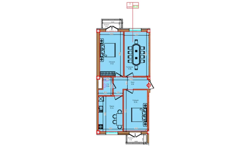 3-xonali xonadon 83.2 m²  4/8 qavat | "Markaz" Turar-joy majmuasi