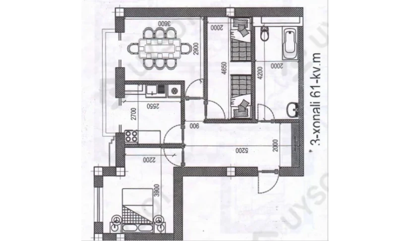 3-xonali xonadon 61 m²  3/9 qavat | Yangi Beltepa Turar-joy majmuasi