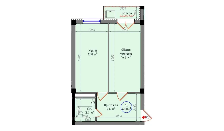 1-комнатная квартира 48 м²  2/12 этаж | Жилой комплекс Zamin Jizzax