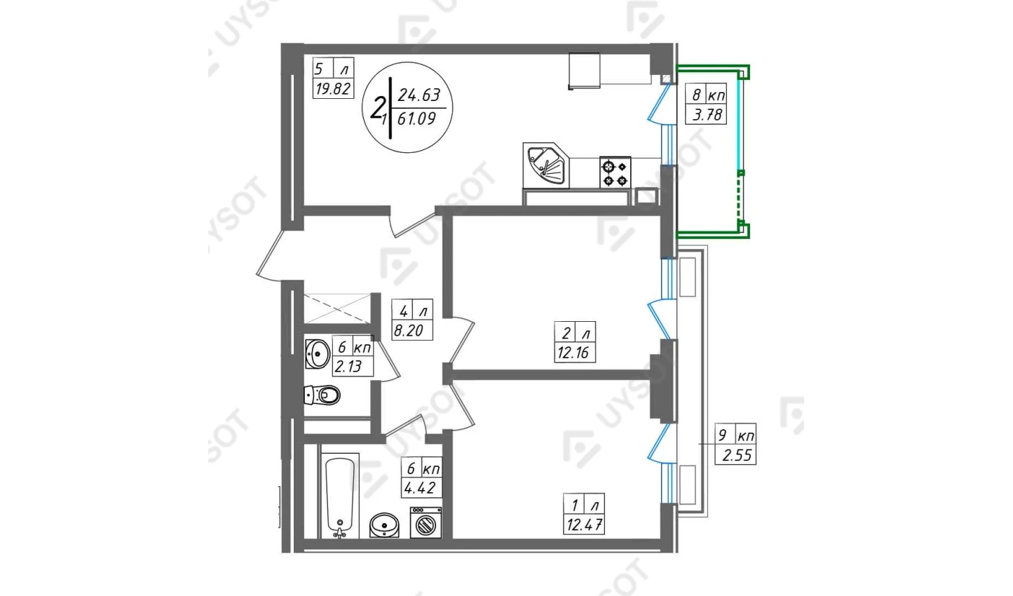 2-комн. квартира 61.09 м²  2/13 этаж | Жилой комплекс SUN