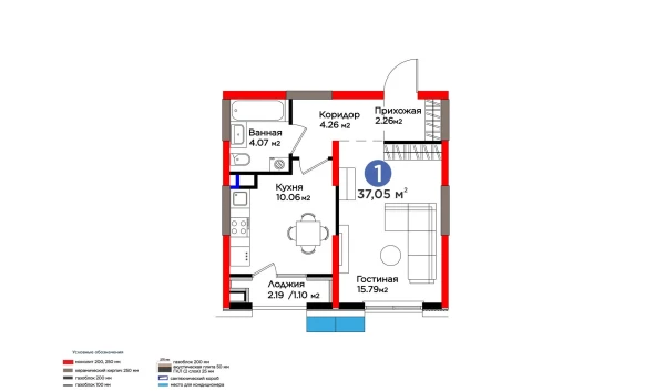 1-xonali xonadon 38.14 m²  2/9 qavat | BI Sad'O Turar-joy majmuasi