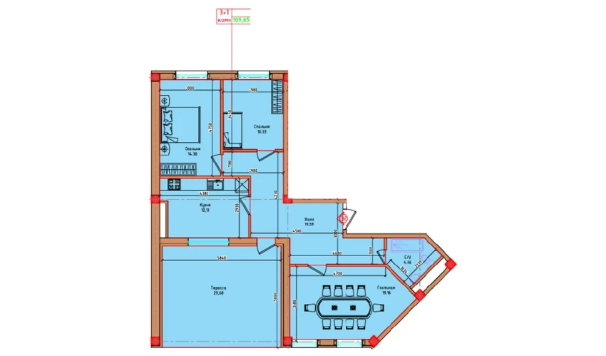 3-комнатная квартира 109.65 м²  8/8 этаж | Жилой комплекс Markaz