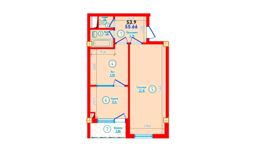 2-xonali xonadon 55.66 m²  12/12 qavat | S-Tower Turar-joy majmuasi