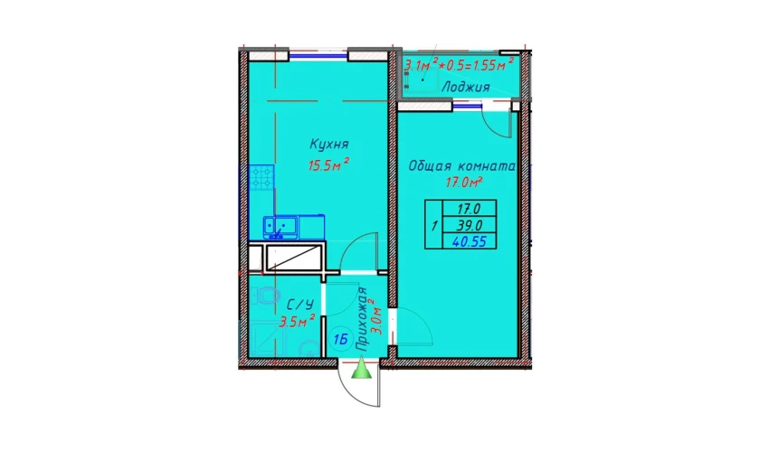 1-комнатная квартира 40.55 м²  4/16 этаж | Жилой комплекс TRINITY