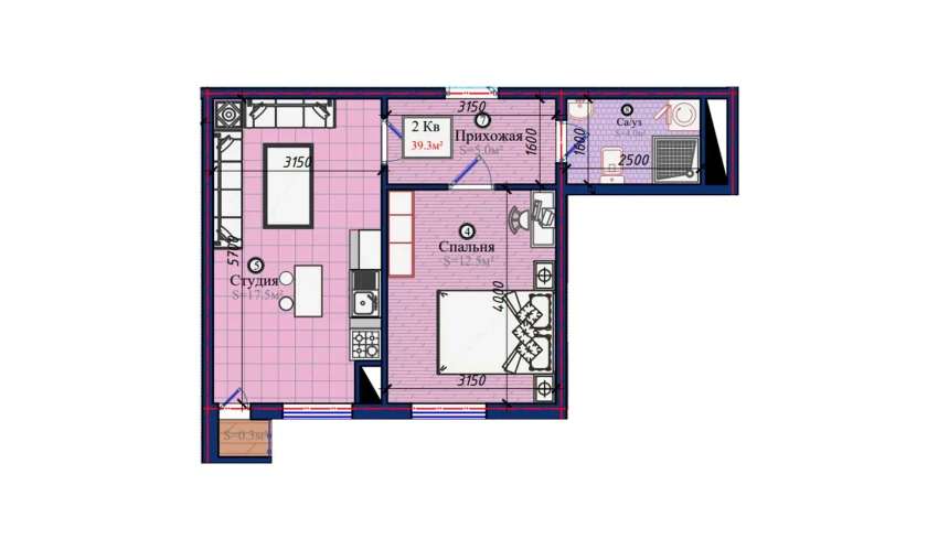 2-комнатная квартира 39.3 м²  8/10 этаж | Жилой комплекс NURAFSHON