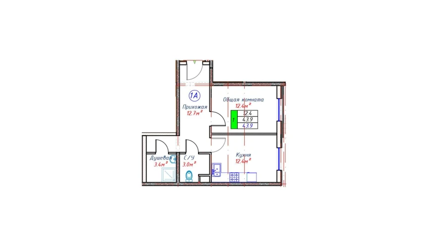 3-xonali xonadon 43.9 m²  1/16 qavat | Crystal Avenue Turar-joy majmuasi