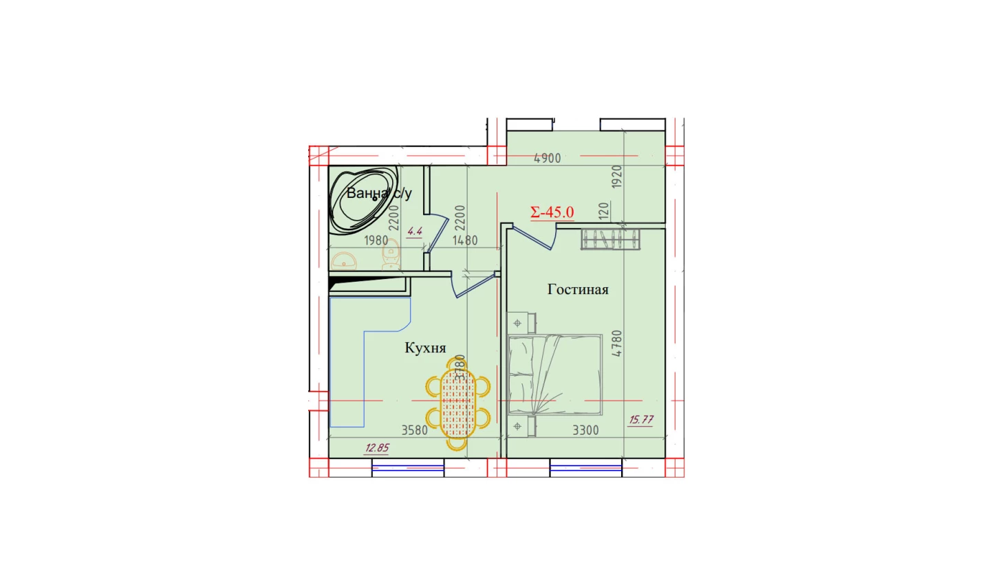 1-комн. квартира 45 м²  2/9 этаж | Жилой комплекс PARVOZ