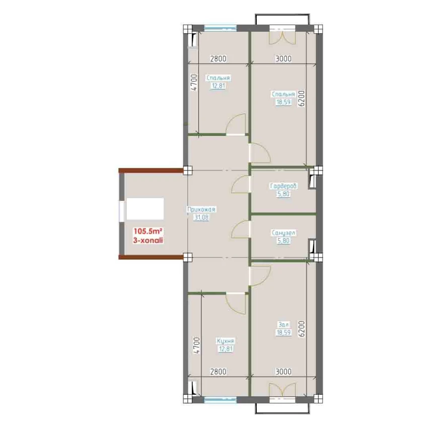 3-комн. квартира 105.5 м²  3/9 этаж | Жилой комплекс YANGI AVLOD
