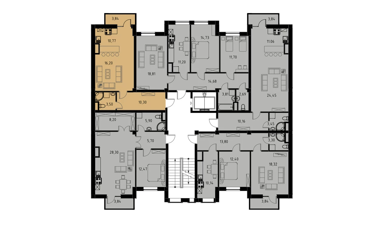 1-комн. квартира 41.92 м²  3/9 этаж | Жилой комплекс MINGCHINOR