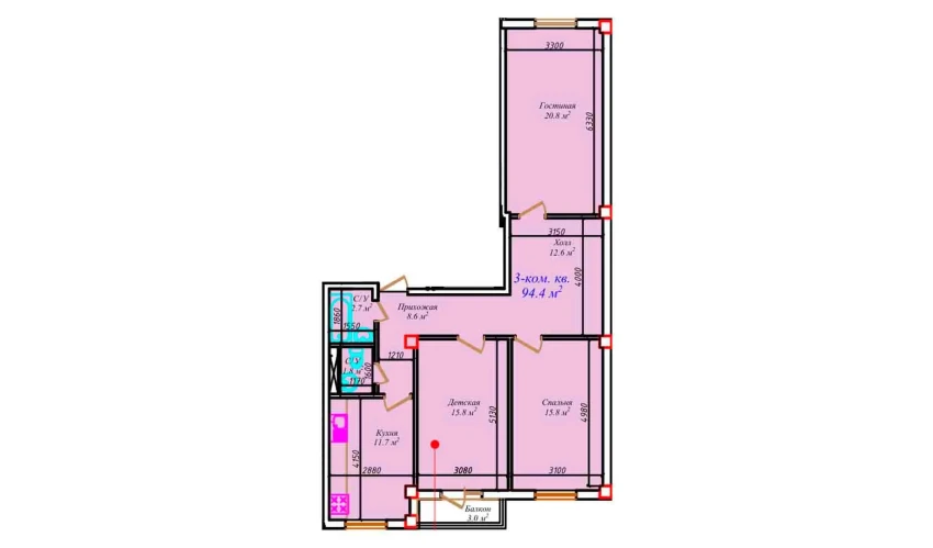 3-комнатная квартира 94.4 м²  7/7 этаж | Жилой комплекс CHIRCHIQ CITY