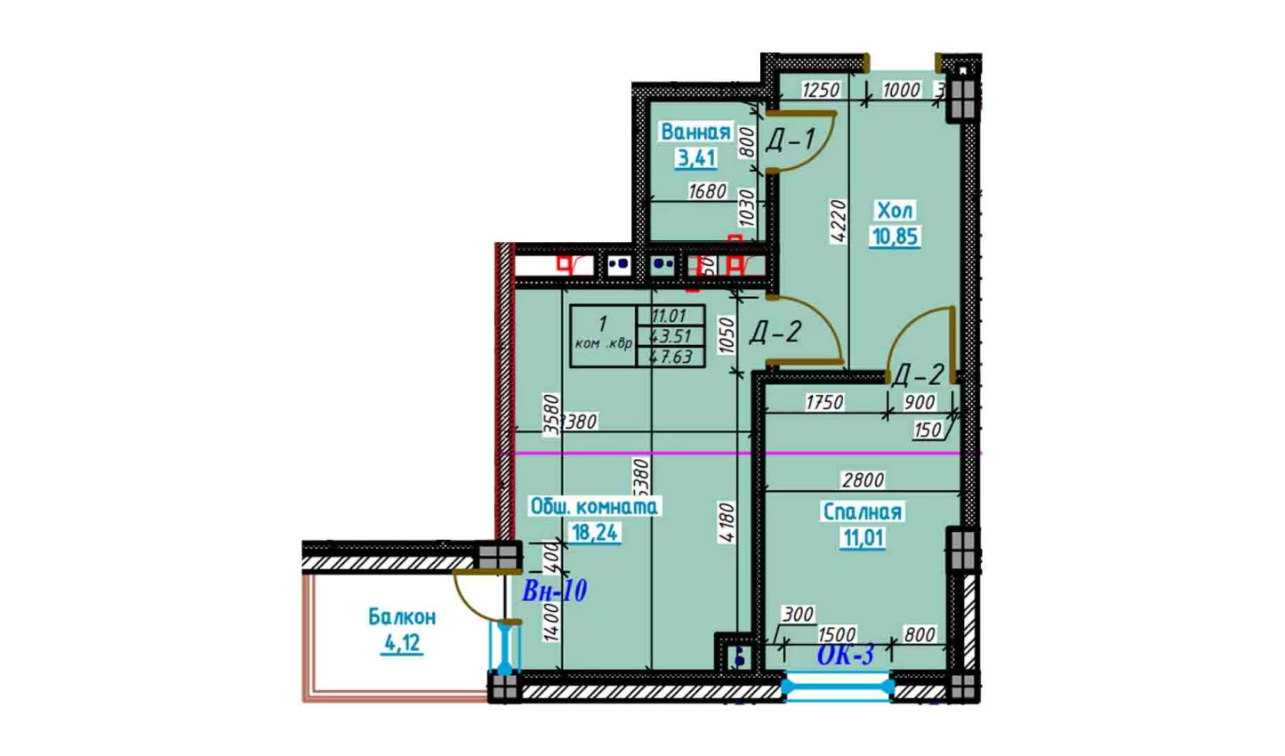 2-xonali xonadon 47.6 m²  2/13 qavat | Bog'dod City Turar-joy majmuasi