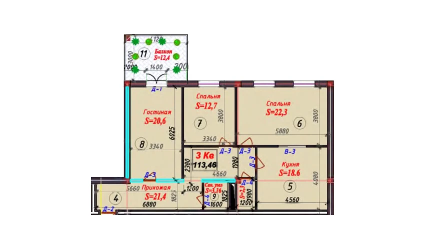 3-комнатная квартира 113.46 м²  3/9 этаж | Жилой комплекс SAMARQAND CITY