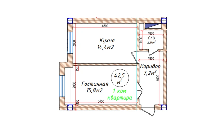 1-комнатная квартира 42.5 м²  1/5 этаж | Жилой комплекс Oq mahalla