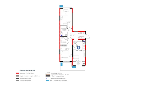 3-xonali xonadon 70.6 m²  3/9 qavat | BI Sad'O Turar-joy majmuasi