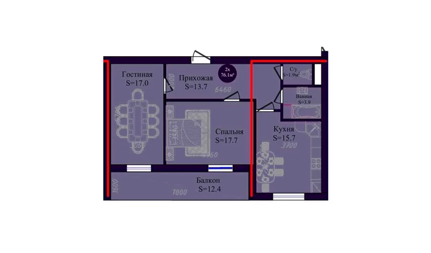 2-xonali xonadon 76.1 m²  6/8 qavat | Navruz Avenue Turar-joy majmuasi