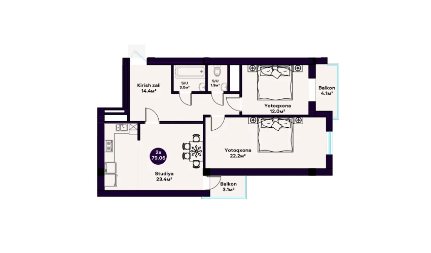 2-комнатная квартира 79.06 м²  9/11 этаж | Жилой комплекс BIBISHOX