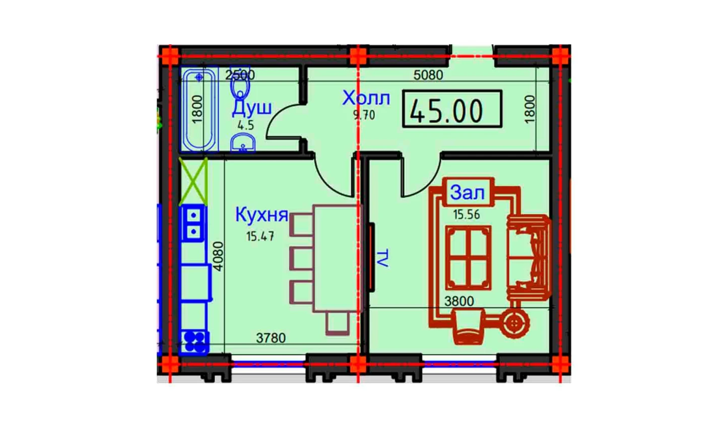 1-xonali xonadon 45 m²  1/9 qavat | BAHOR Turar-joy majmuasi