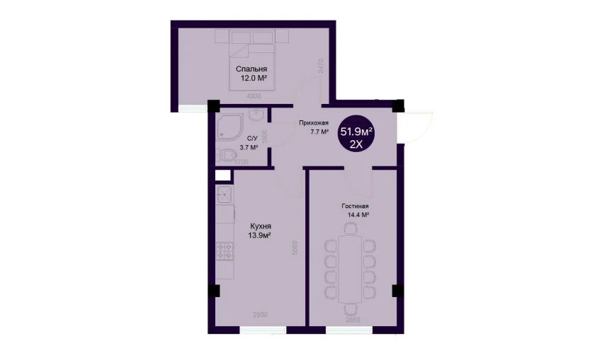2-комнатная квартира 51.9 м²  1/7 этаж | Жилой комплекс Minor