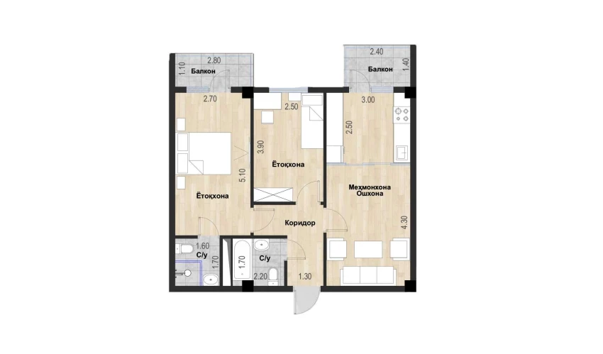 3-xonali xonadon 61.99 m²  4/7 qavat | Bochka Resort Turar-joy majmuasi
